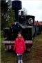 Dziewczynka w różowej kurtce, stojąca na przedzie zabytkowej lokomotywy, znajdującej się na terenie Kolejek Leśnych w Hajnówce