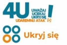 na logo znajdują się cztery kółwka oraz napis uważaj, uciekaj, ukryj się udaremnij atak