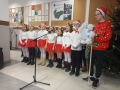 15 uczniów śpiewa kolędy dla żołnierzy. Jeden z uczniów trzyma gwiazdę kolędniczą