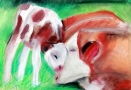 Praca plastyczna prezentująca dwie krowy na zielonej trawie.