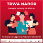 Na czerwonym tle napis: Trwa nabór zdobądź dotację: do 5000 zł, niżej narysowane trzy postacie