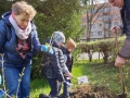 dzieci z babciami i dziadkami podczas sadzenia i podlewania roślin