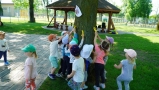 Dzieci zrywają banany zawieszone na drzewie.