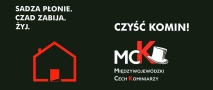 na czarnym tle napisy SZADZA PŁONIE, CZAD ZABIJA, CZYŚ KOMIN oraz grafika domu i kapeludza kominiarza