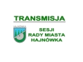 Herb miasta Hajnówka i zielony napis Transmisja sesji Rady Miasta Hajnówka